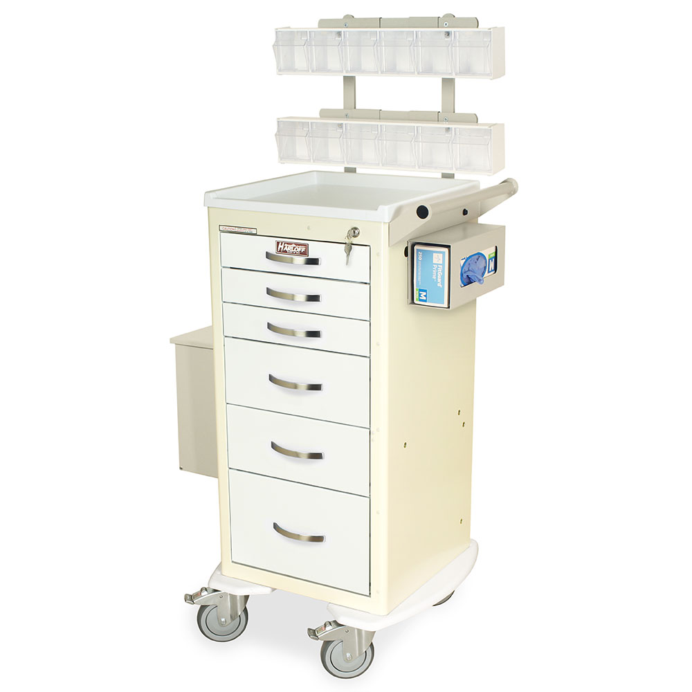 M-Series tall medical phlebotomy cart with mini width, six drawers, key lock, and MD18-PHB accessory package in cream and white finish