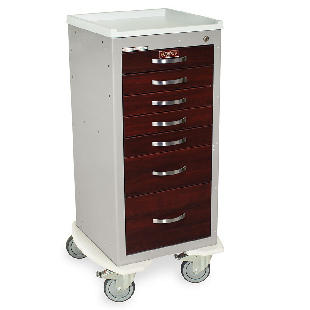 M-Series Mini Wood Finish Medical Cart with Seven Drawers and Key Lock - Cherry Mahogany finish