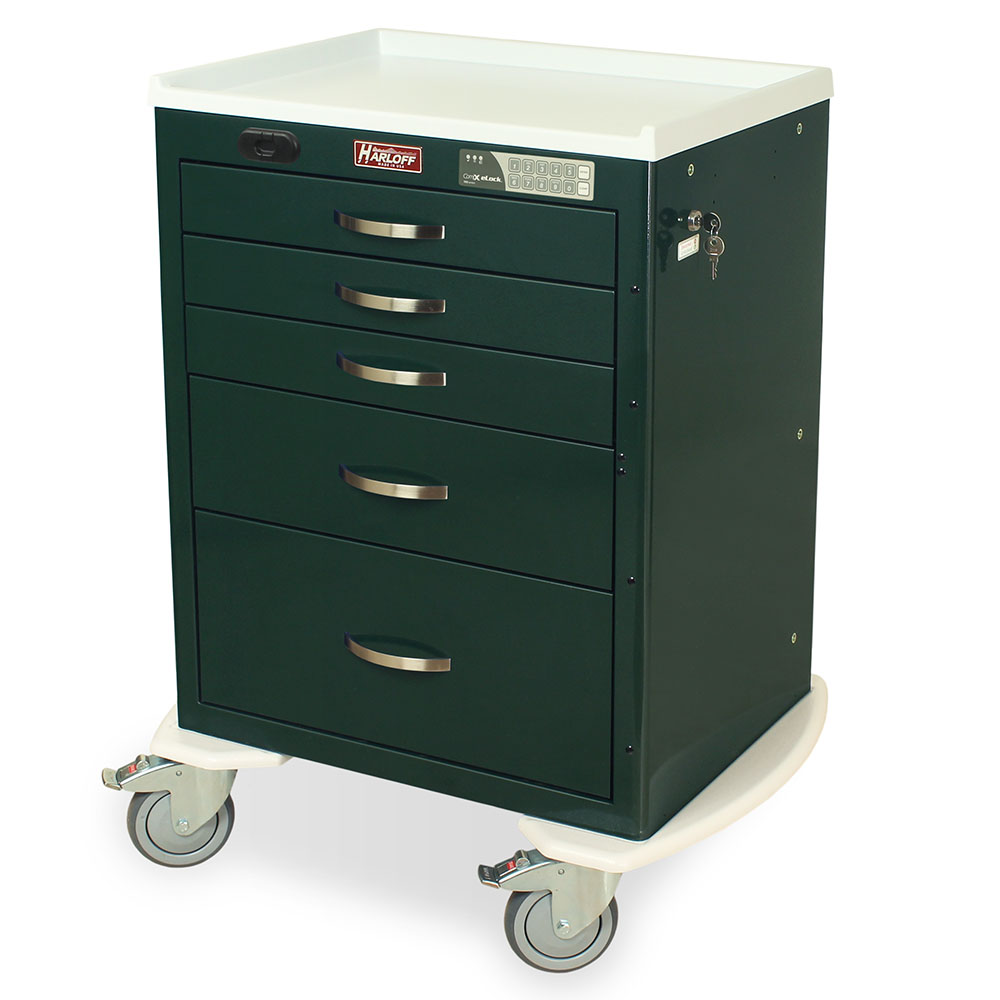 Harloff M-Series Secure Anesthesia Cart green five drawer with keypad and proximity reader lock