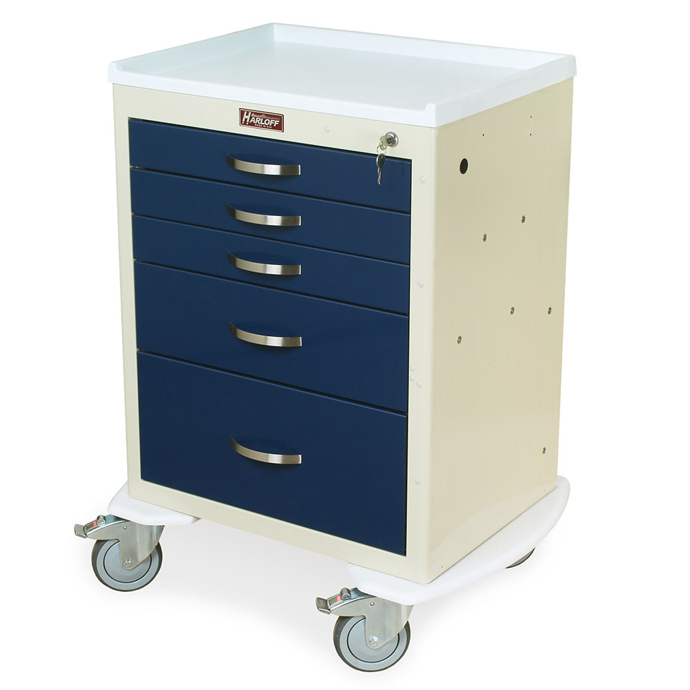Harloff M-Series key locking anesthesia cart with five drawers in beige and navy finish
