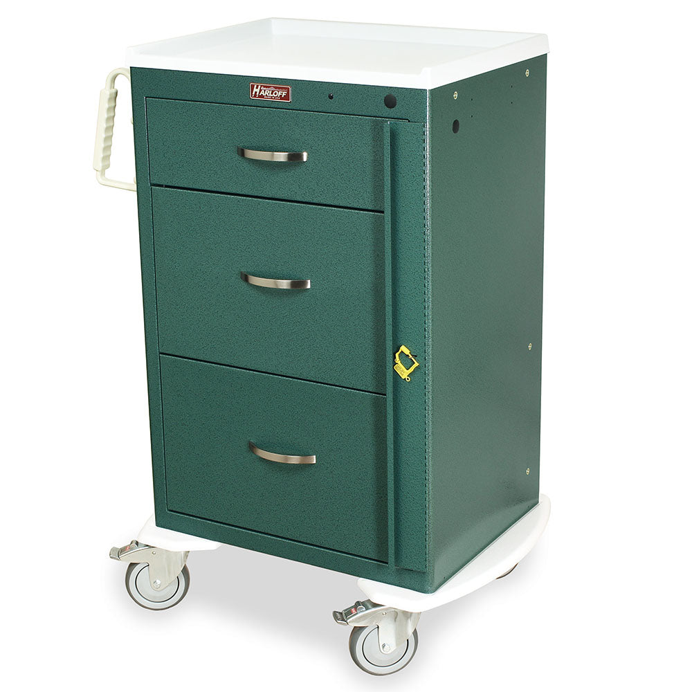 Harloff M-Series tall mobile PPE cart with breakaway lock and three drawers in hospital green finish