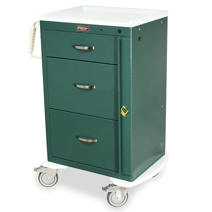 Harloff M-Series tall mobile PPE cart with breakaway lock and three drawers in hospital green finish
