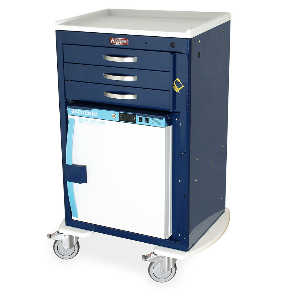 M-Series Malignant Hyperthermia Cart with fridge and three drawers in navy blue finish