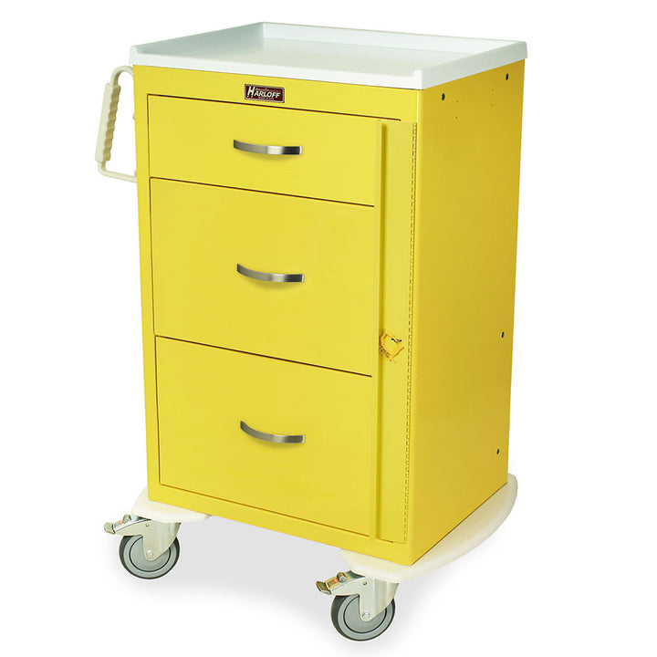 M-Series tall emergency PPE cart with breakaway lock and three drawers in yellow finish