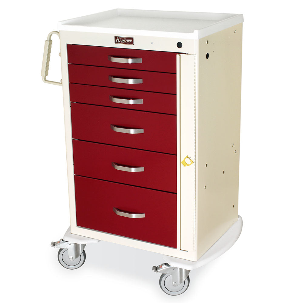 M-Series Tall Instant Access Crash Cart in cream and burgundy with breakaway locking system