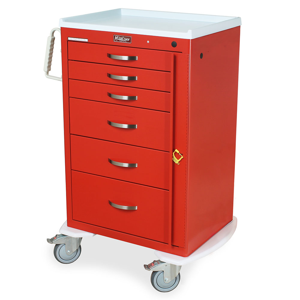 M-Series Tall Instant Access Crash Cart with six drawers and breakaway lock in red finish