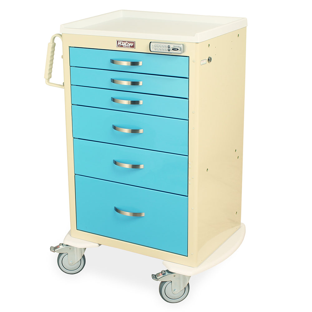 M-Series Tall E-Locking Procedure Cart in beige and light blue with electronic pushbutton lock
