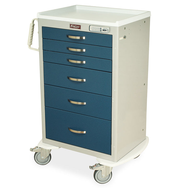 M-Series Tall E-Locking Procedure Cart with six drawers in light gray and blue finish