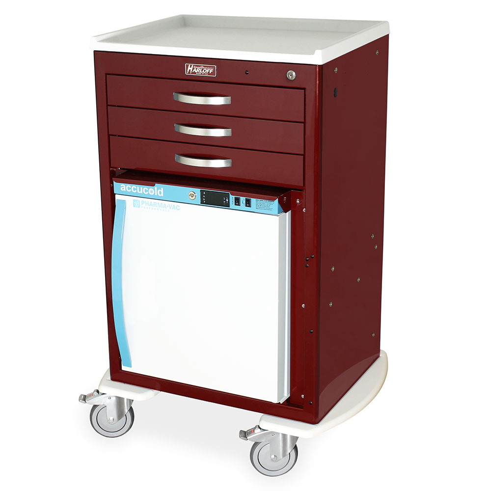 M-Series malignant hyperthermia emergency cart with red finish and refrigerator