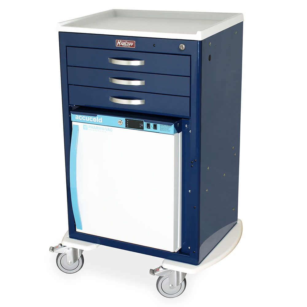M-Series malignant hyperthermia emergency cart with navy finish and refrigerator