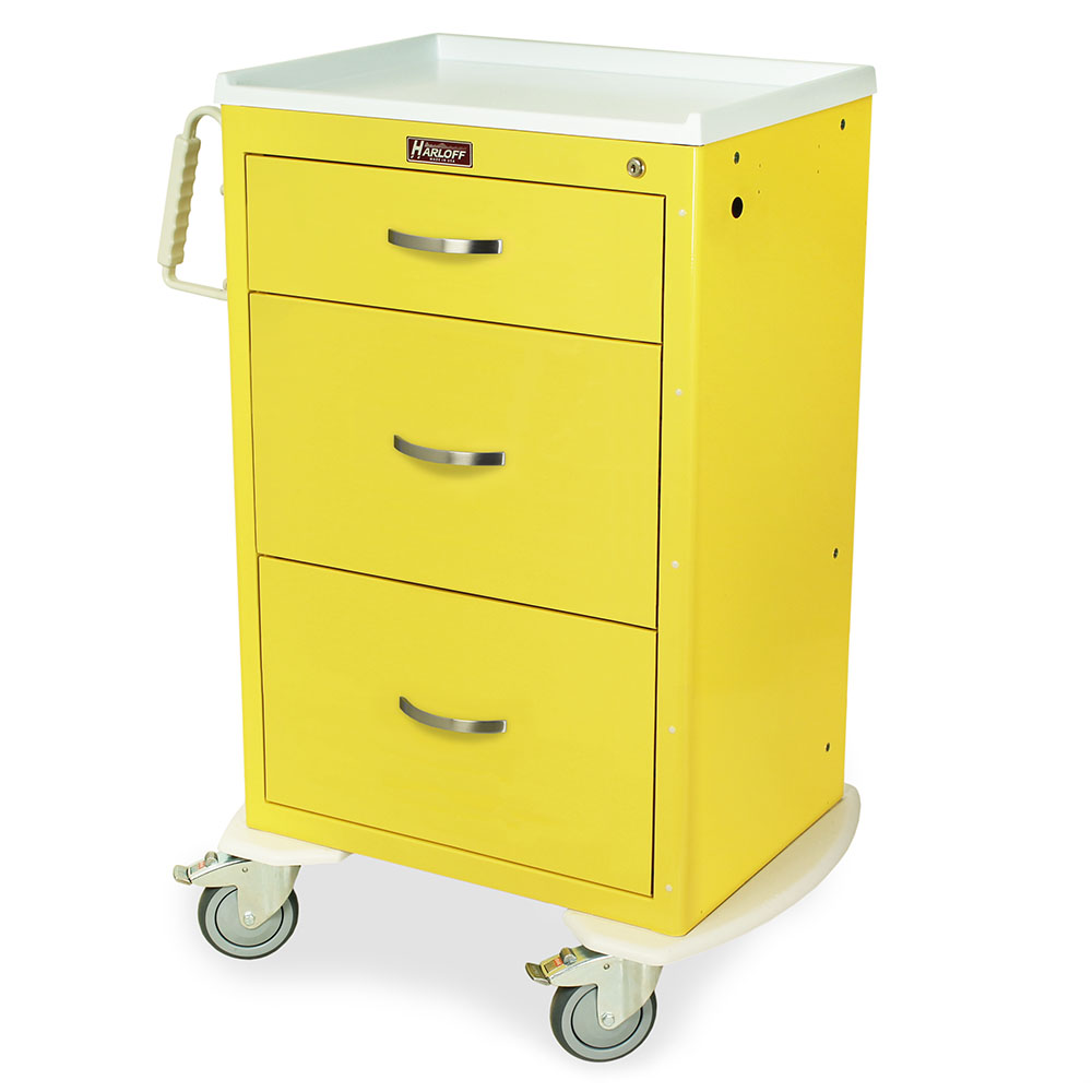 Yellow M-Series Tall PPE Storage Cart with Key Lock and Three Drawers