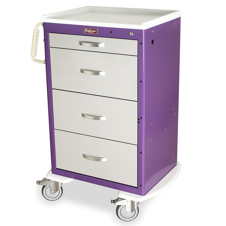 Harloff M-Series locking medical cart with key lock and customizable color options in purple and gray