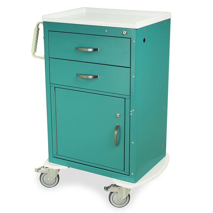 MDS24 teal medical equipment cart front view highlighting ergonomic handle and bumper