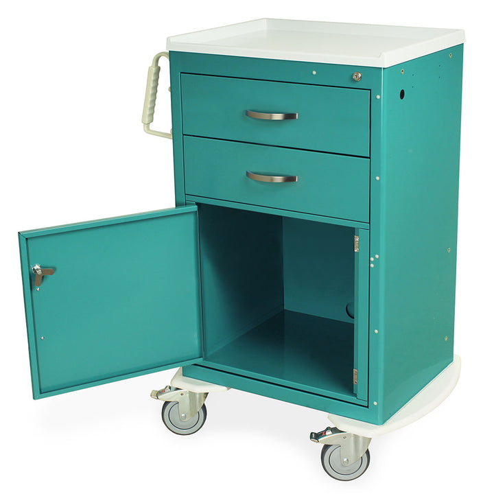 M-Series Medium Width Medical Equipment Cart 2 drawers doored holder teal side view