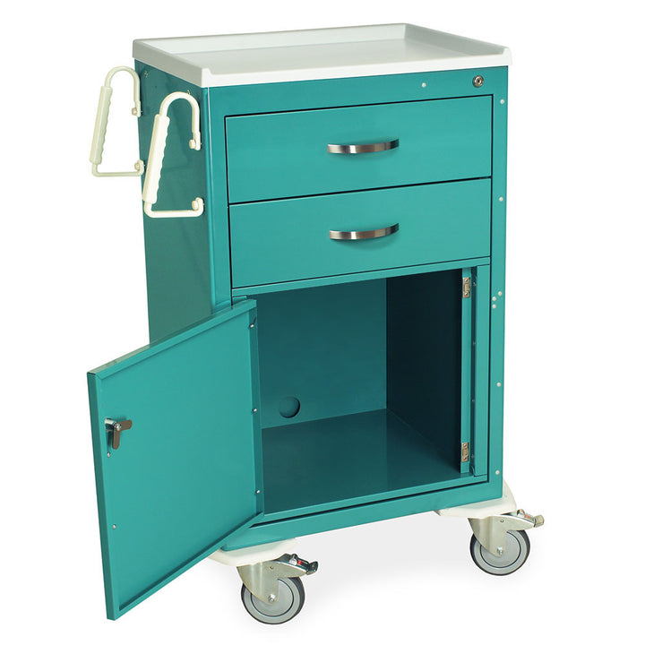 M-Series Medium Width Medical Equipment Cart 2 drawers doored holder teal angled view
