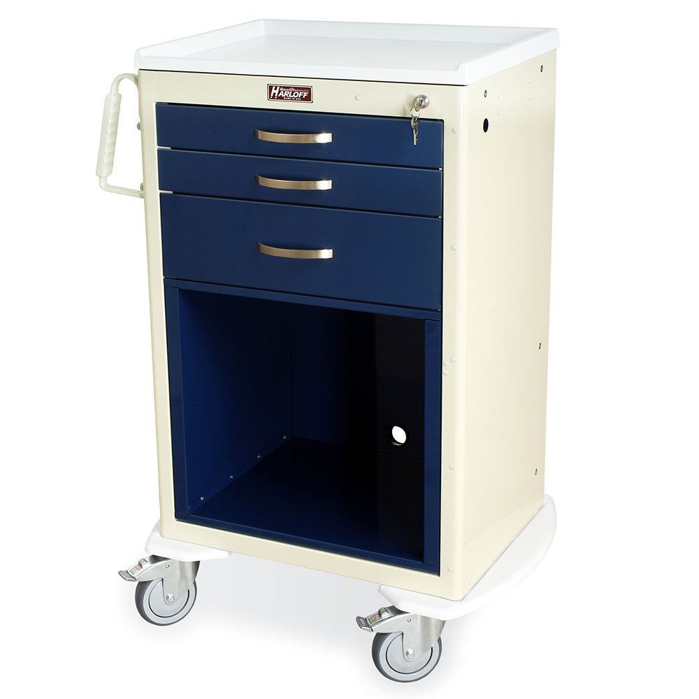 M-Series Medium Width Medical Equipment Cart 3 drawers navy beige front view