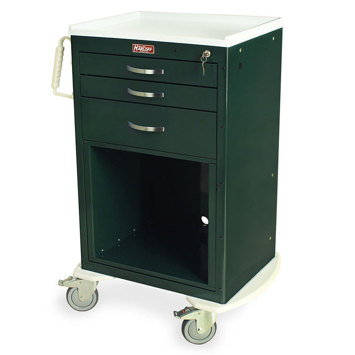 M-Series Medium Width Medical Equipment Cart 3 drawers forest green front view