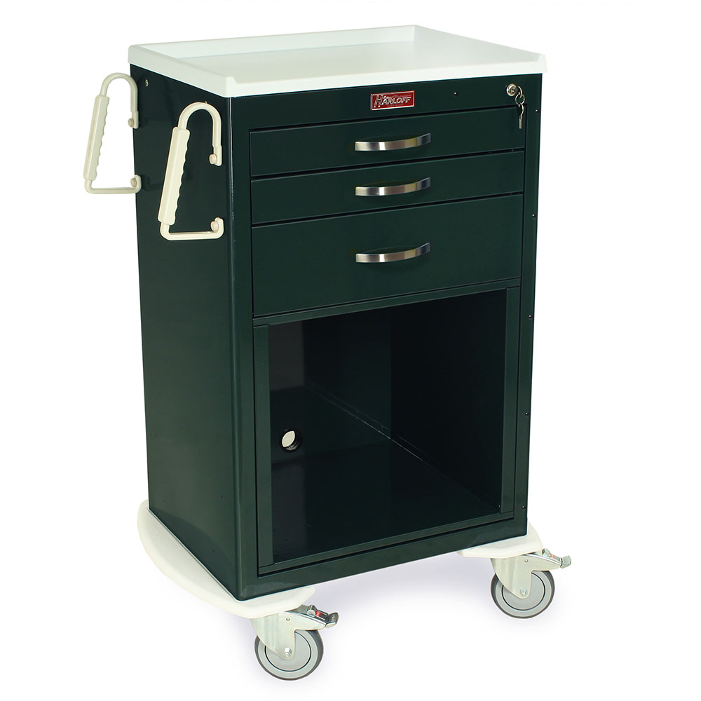 M-Series Medium Width Medical Equipment Cart 3 drawers forest green side view