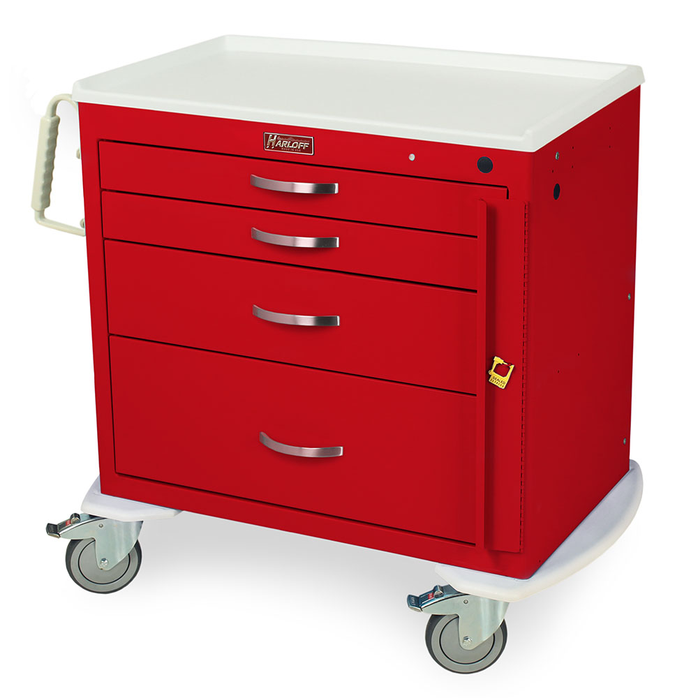 M-Series X-Short emergency crash cart with 4 drawers, breakaway lock, premium casters, and durable steel construction. Perfect for tight spaces.