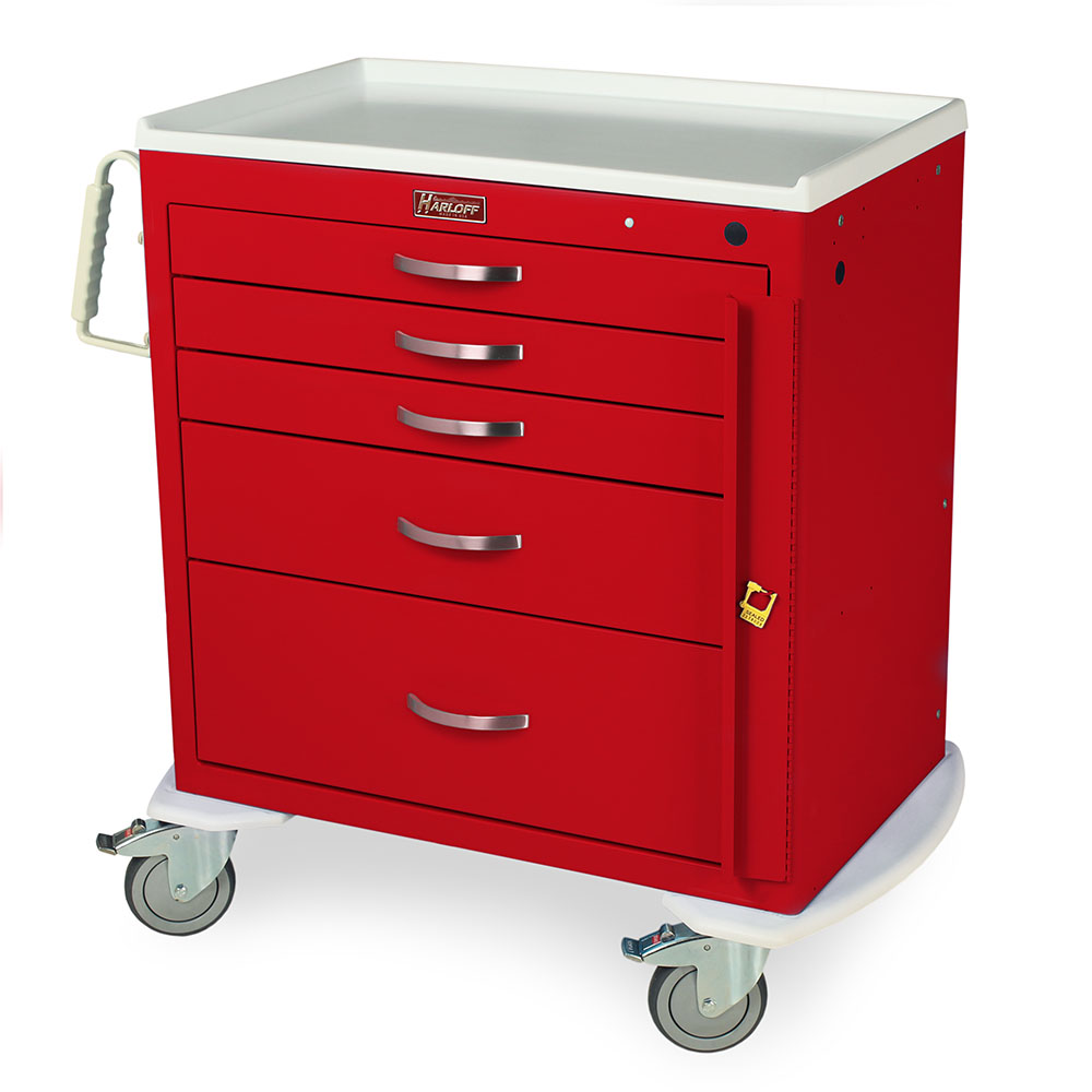 M-Series short emergency crash cart with 5 drawers, breakaway lock, quiet casters, ergonomic handles and durable steel design. Built for reliability.