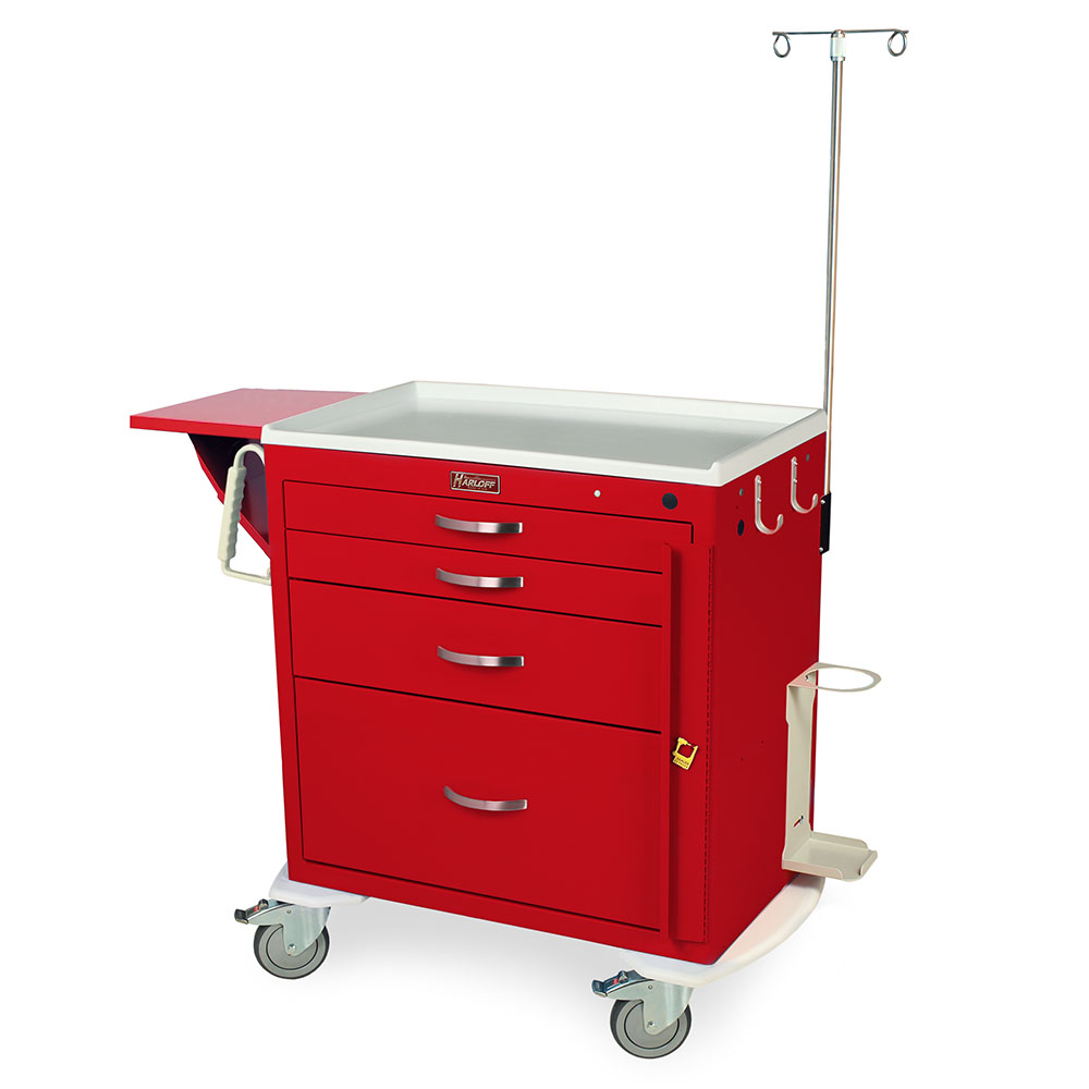 M-Series MDS3024B14+MD30-EMG1 short emergency crash cart, 4 drawers, breakaway lock, red, includes MD30-EMG1 emergency package, front view