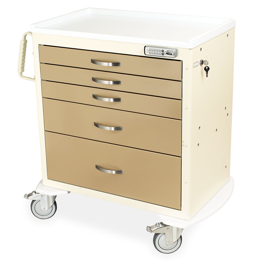 Harloff M-Series Short Medical Cart on Wheels cream top five drawers with electronic lock and 5 inch casters