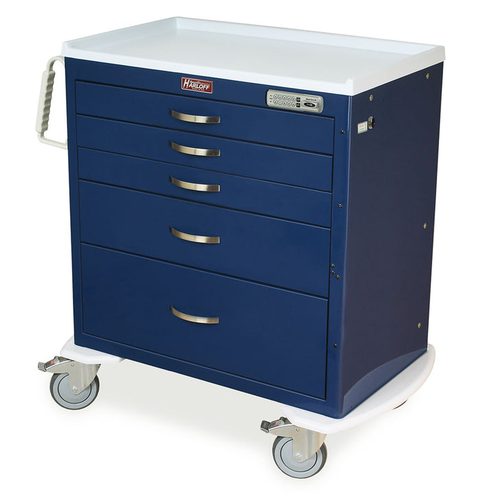 Harloff M-Series Short Medical Cart on Wheels navy blue five drawers with electronic lock and push handles