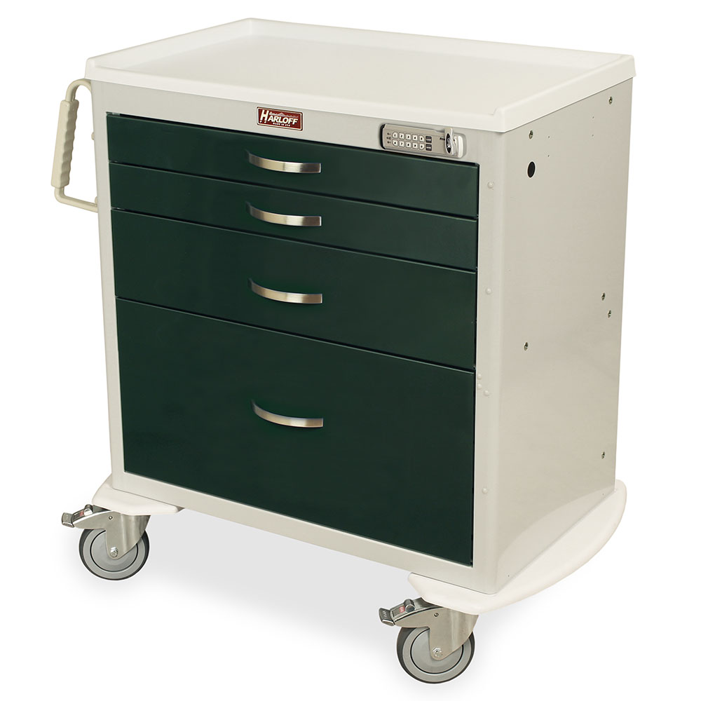 Gray and Green M-Series Anesthesia Procedure Cart with Four Drawers and E-Lock