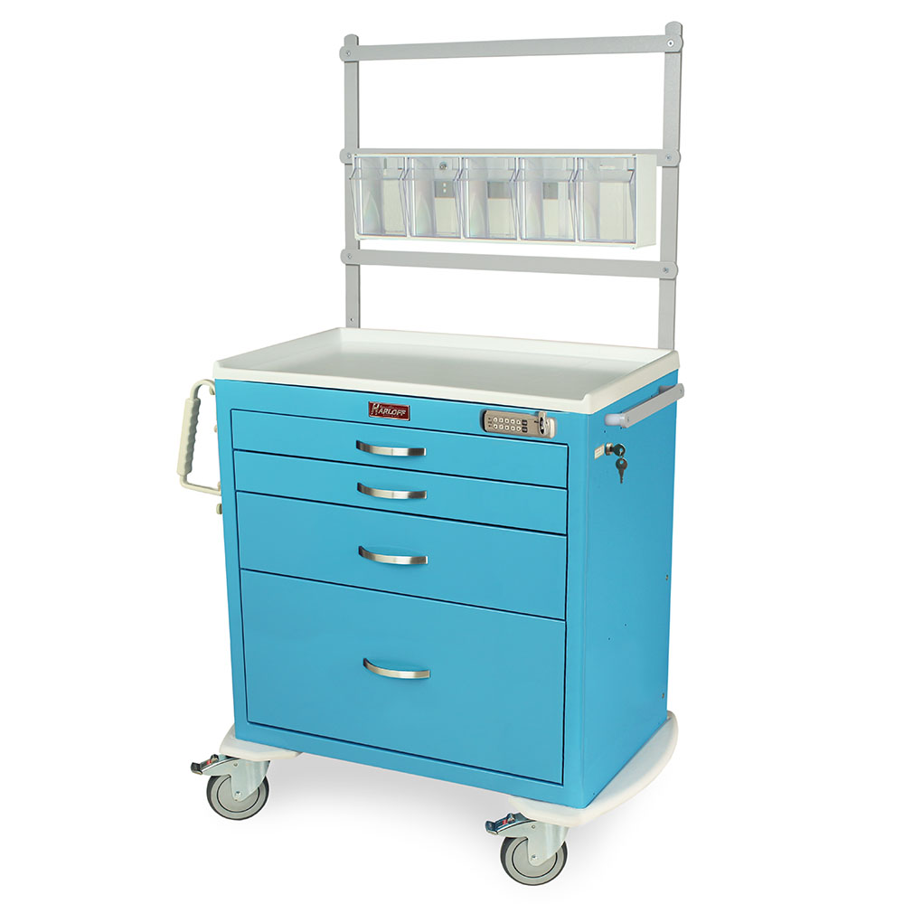 Durable M-Series anesthesia cart with 4 drawers, electronic lock, MD30-ANS accessory package, 24? vertical storage, and 12-year warranty.