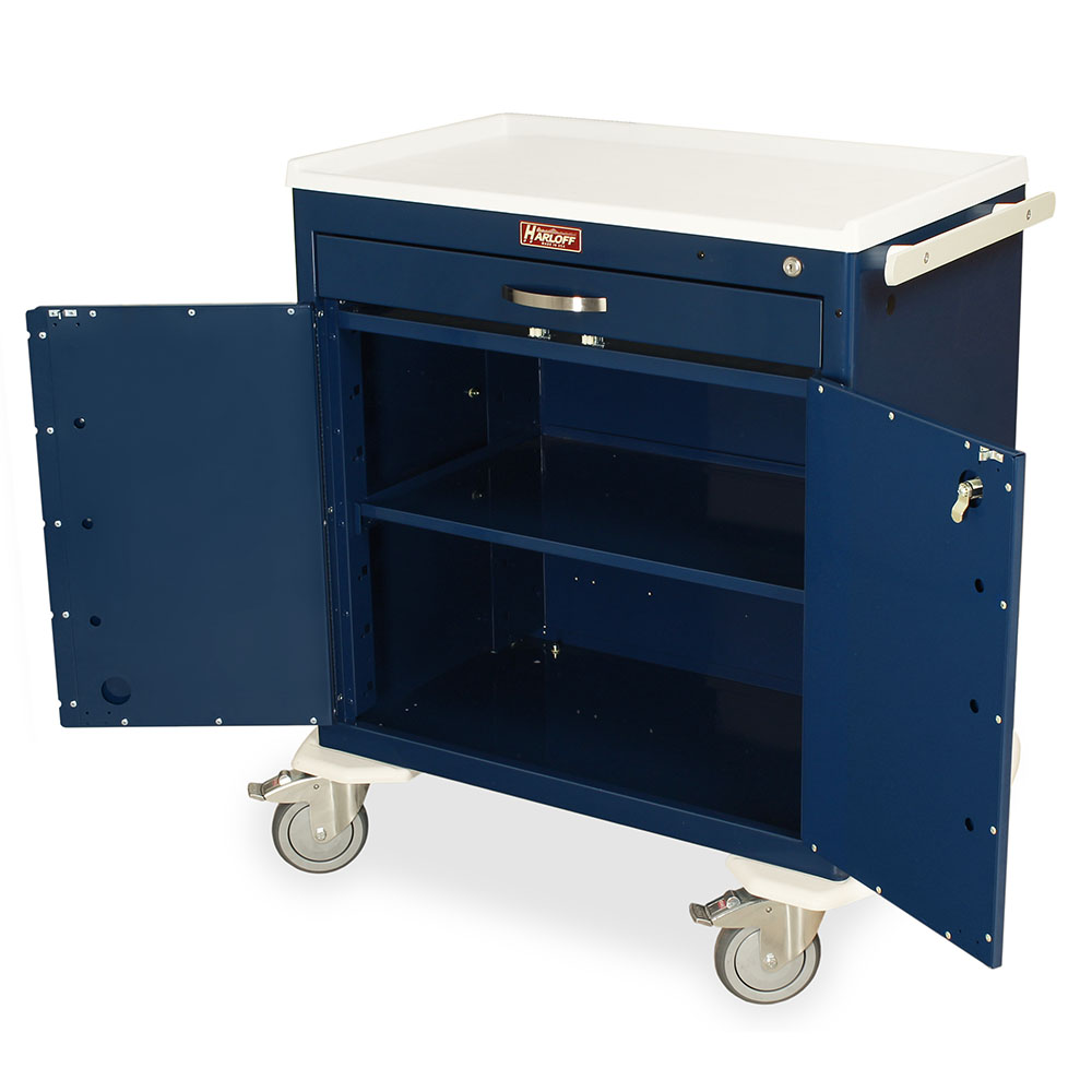 M-Series Short General Use Cart in navy finish with open double doors showing adjustable shelf
