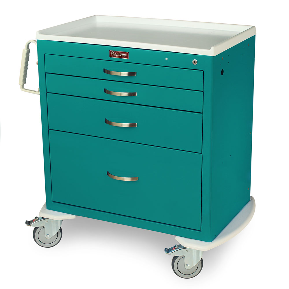 Harloff M-Series Short Mobile Procedure Cart teal four drawers with key lock and 5 inch casters