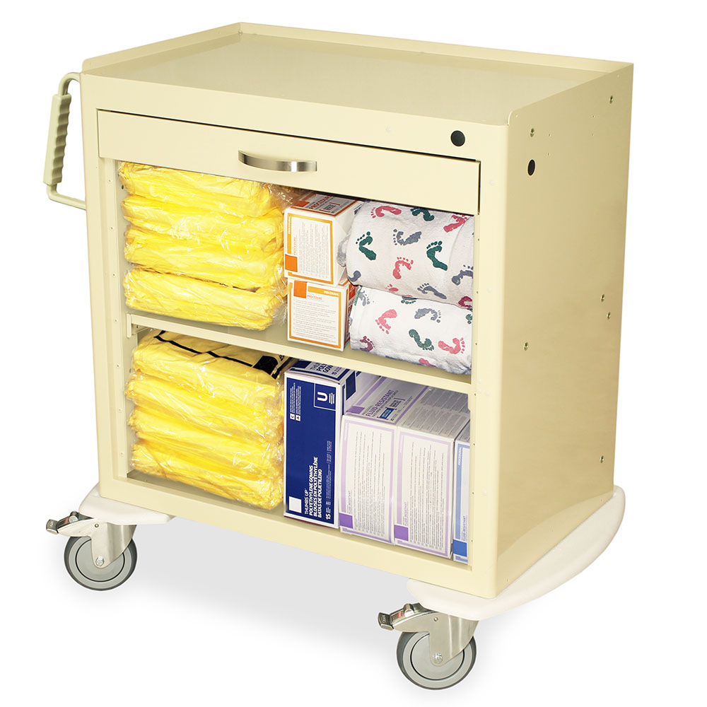 M-Series Baby Scale Cart with one drawer and adjustable shelf beige filled