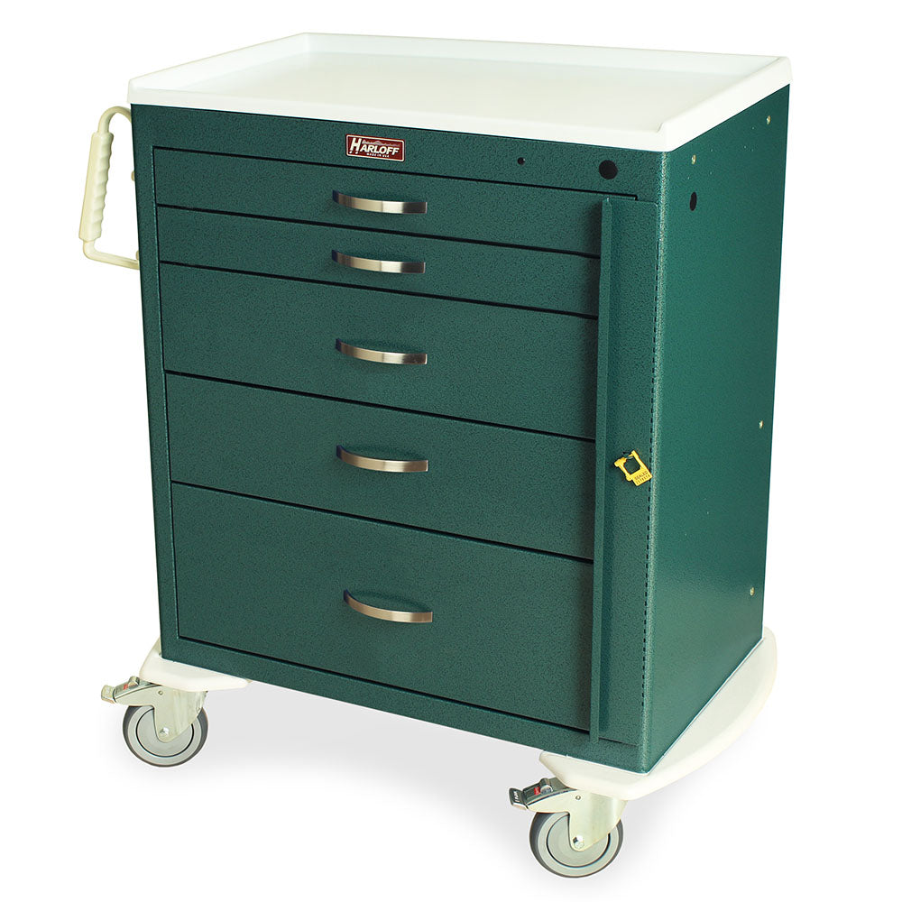 M-Series MDS3027B05 standard width emergency crash cart, 5 drawers, breakaway lock, hunter green, front view