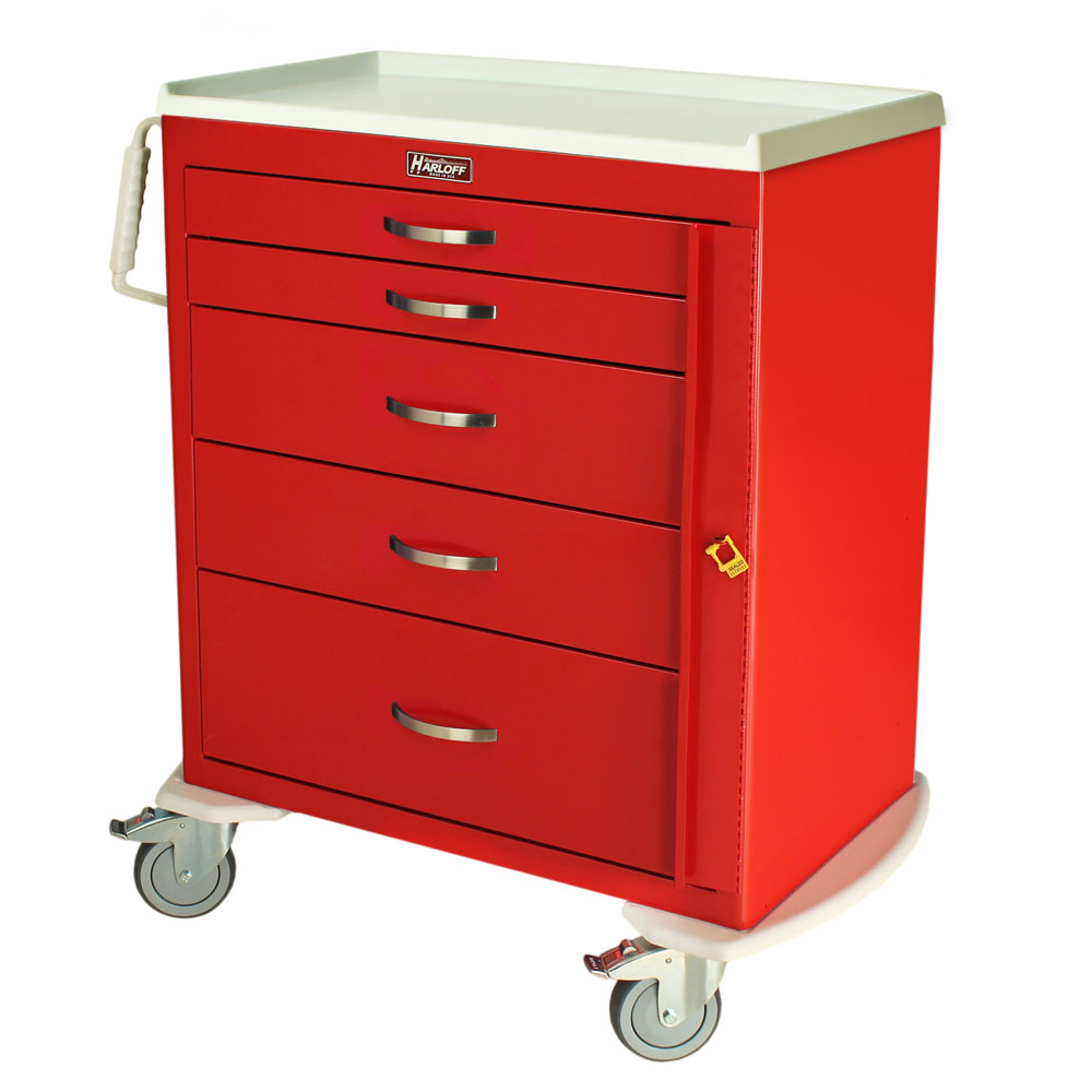 M-Series MDS3027B05 standard width emergency crash cart, 5 drawers, breakaway lock, red, front view