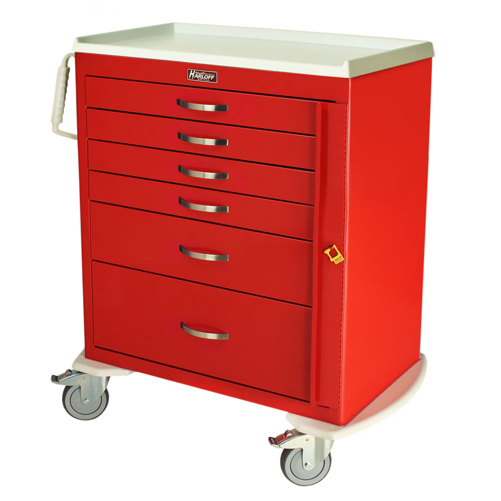 M-Series MDS3027B06 standard width emergency crash cart, medium height, six drawers, red finish, breakaway lock with seals, ergonomic handles, front view