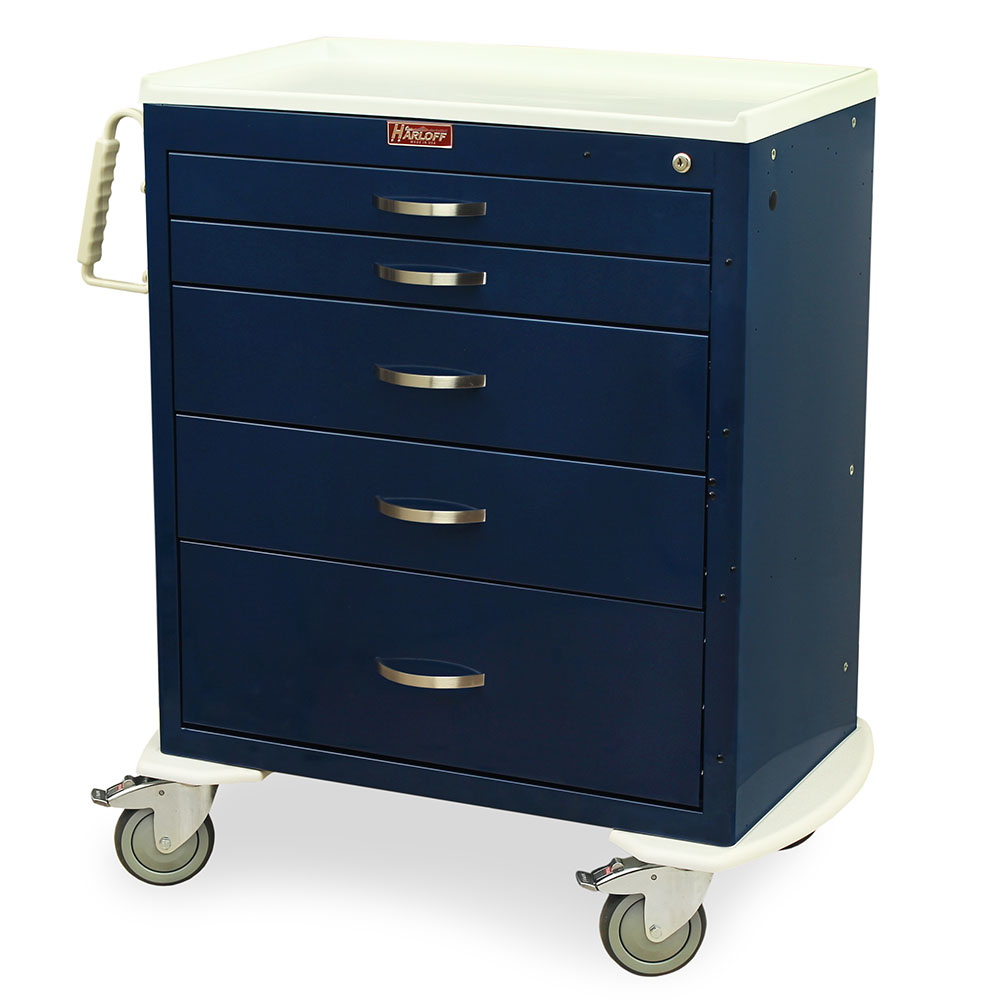 M-Series modular cart navy blue front view, drawers closed and ergonomic handle visible