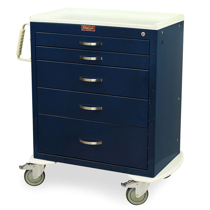 M-Series modular cart navy blue front view, drawers closed and ergonomic handle visible