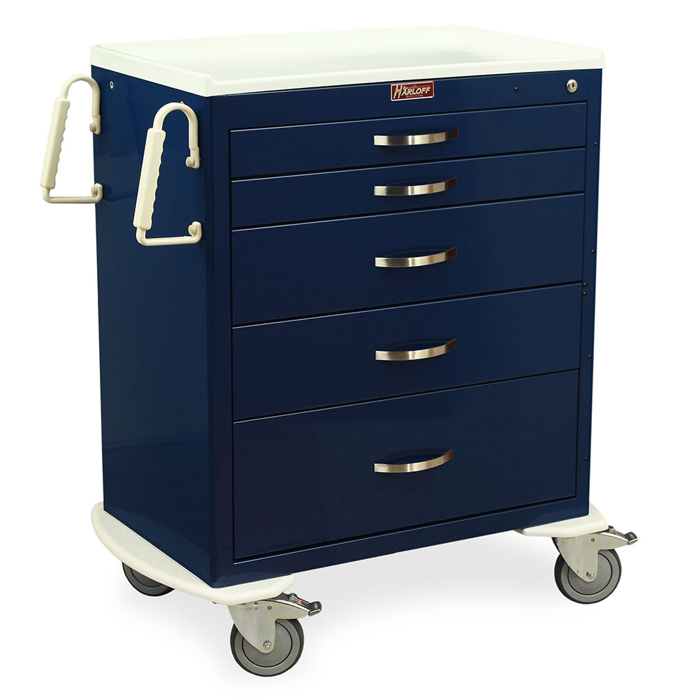 M-Series MDS3027K05 anesthesia cart, five drawers, navy blue, key lock, right angle view