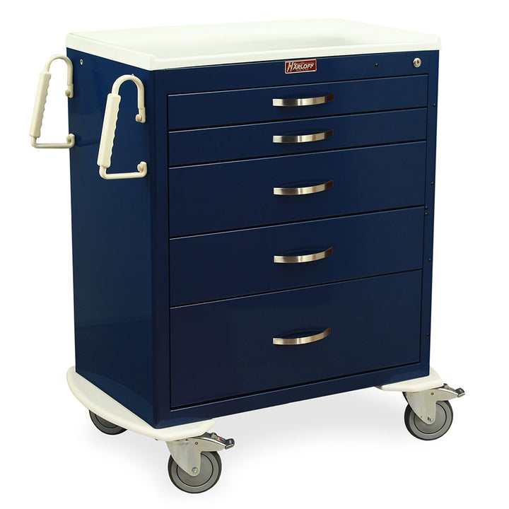 M-Series MDS3027K05 anesthesia cart, five drawers, navy blue, key lock, right angle view