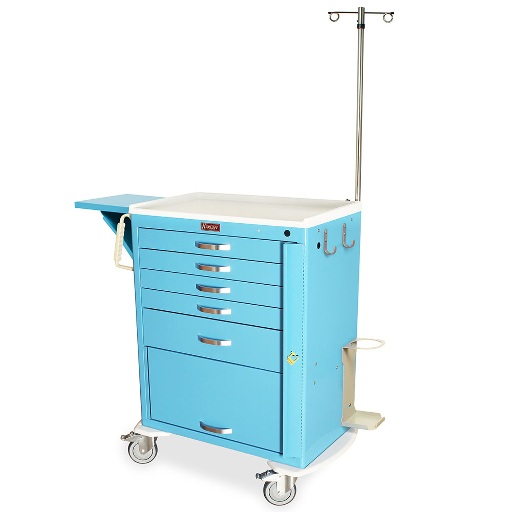 M-Series Tall Crash Cart with Flip-Up Door and Accessory Package - light blue finish front view