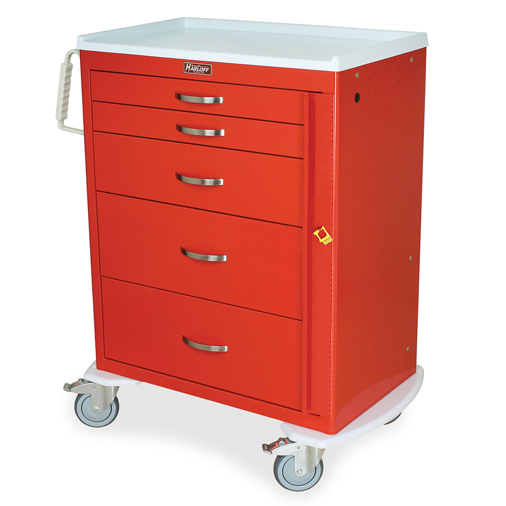 M-Series MDS3030B05 tall medical emergency cart, 5 drawers, breakaway lock, red, front view