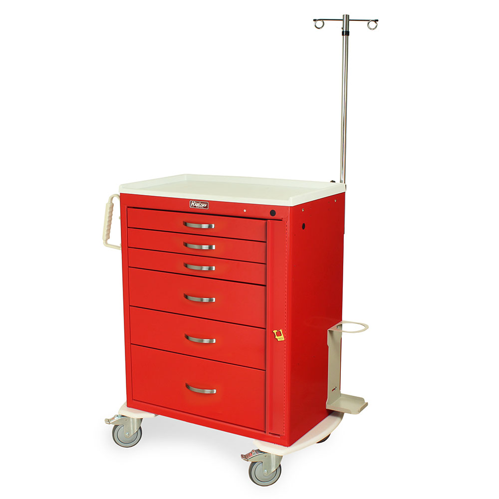 M-Series MDS3030B06+MD30-EMG tall emergency crash cart with 6 drawers, breakaway lock, MD30-EMG package, steel construction, front-left view
