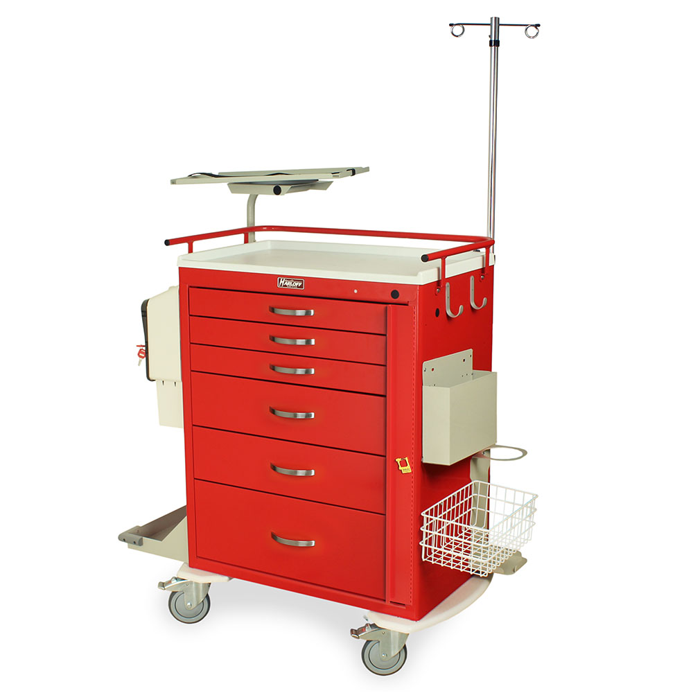 M-Series MDS3030B06+MD30-EMG3 tall emergency crash cart with 6 drawers, breakaway lock, Super Stat accessories, steel construction, front view