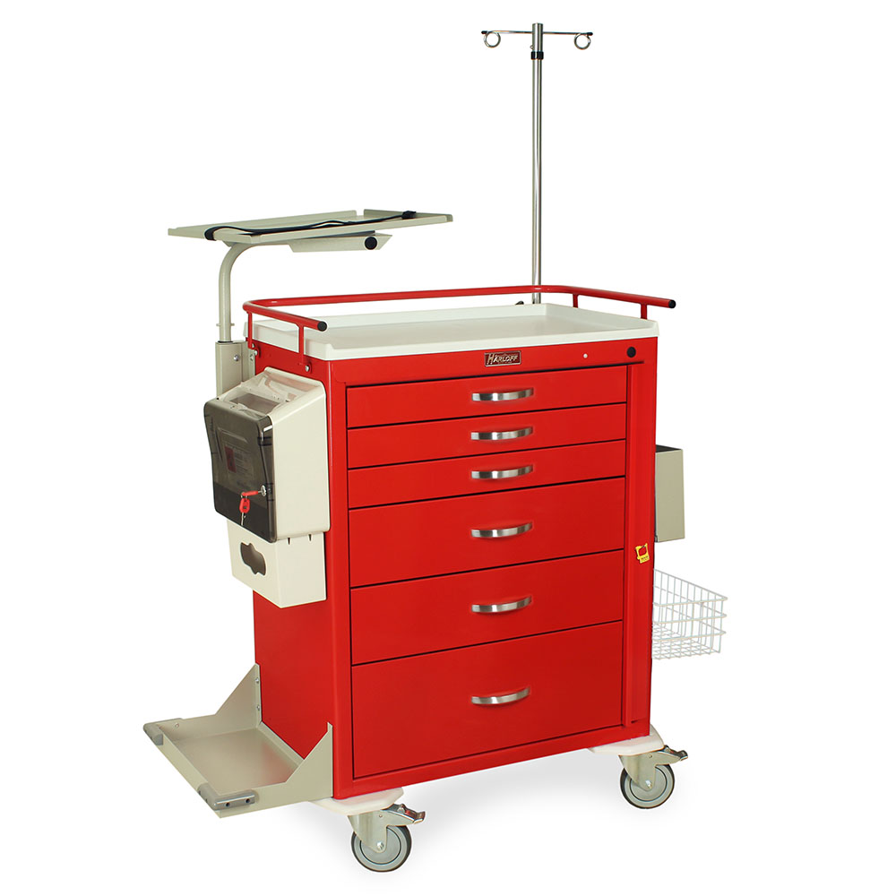 M-Series MDS3030B06+MD30-EMG3 tall emergency crash cart with 6 drawers, breakaway lock, Super Stat accessories, steel construction