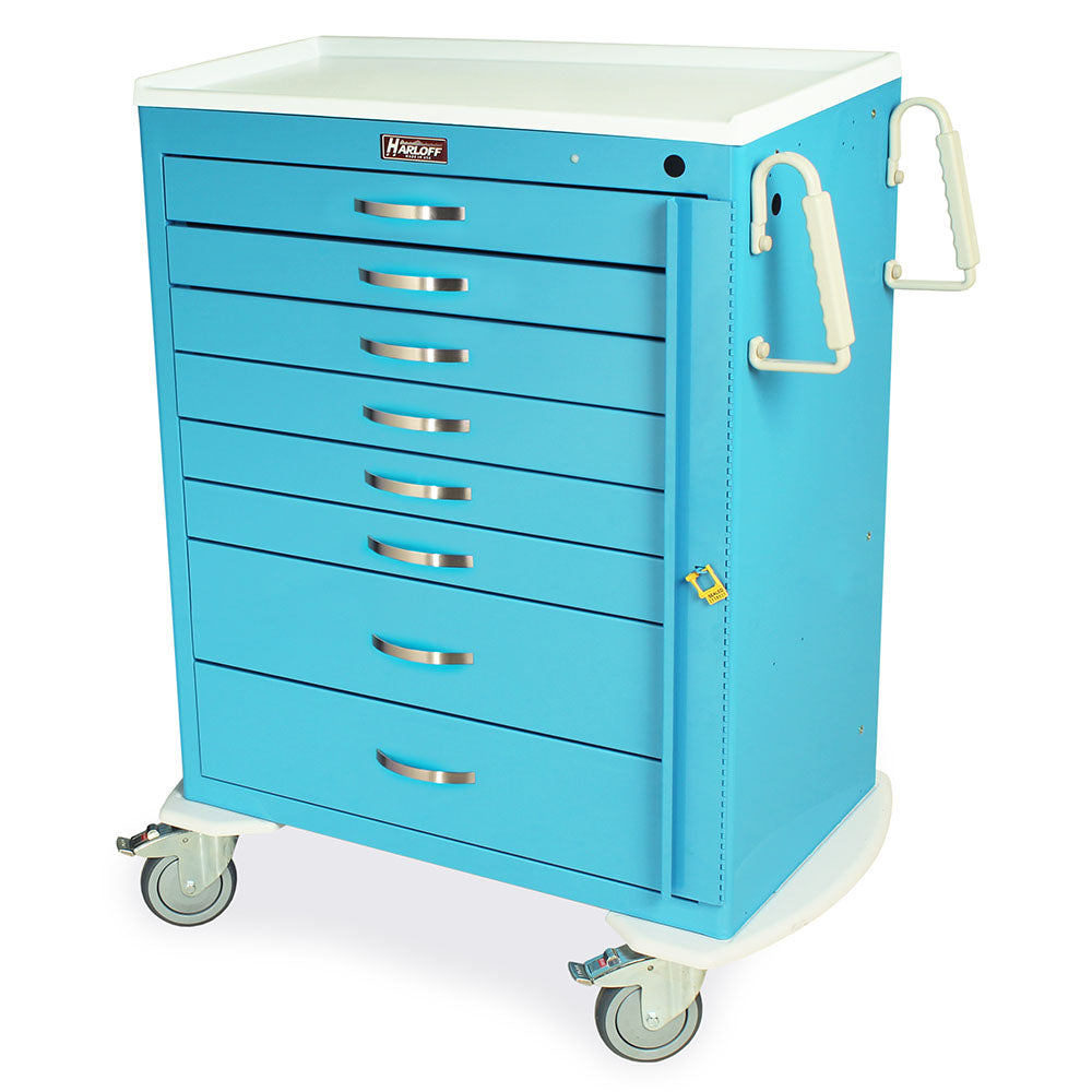 M-Series Tall Emergency Cart with breakaway lock and eight drawers in light blue finish