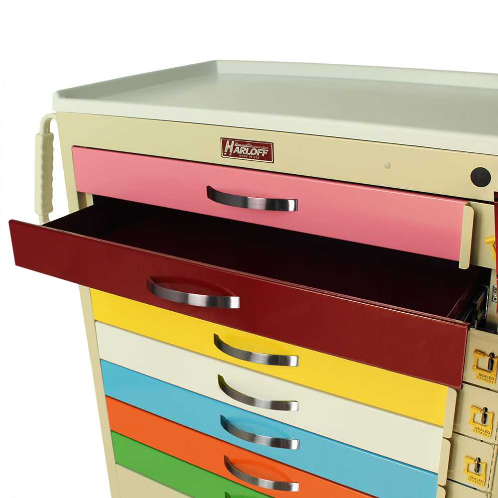 M-Series Pediatric Crash Cart open drawer view showing storage layout