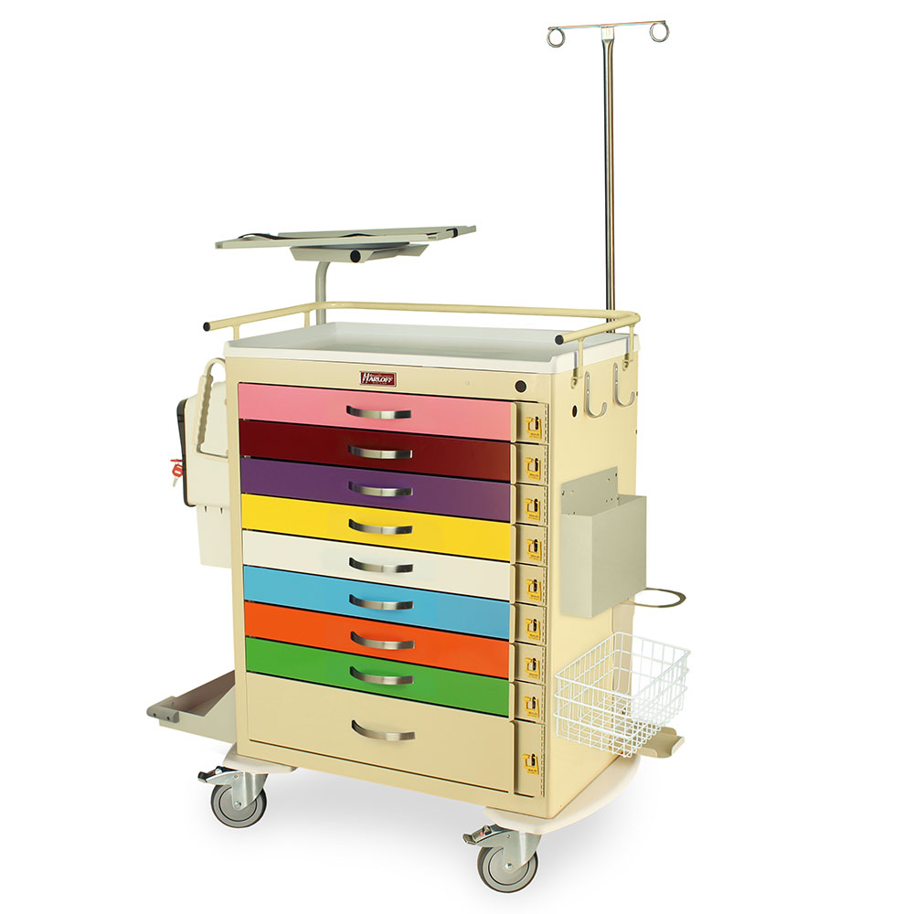 M-Series Pediatric Emergency Cart with MD30-EMG3 accessories package, tall height, 9 drawers, color-coded for pediatric use