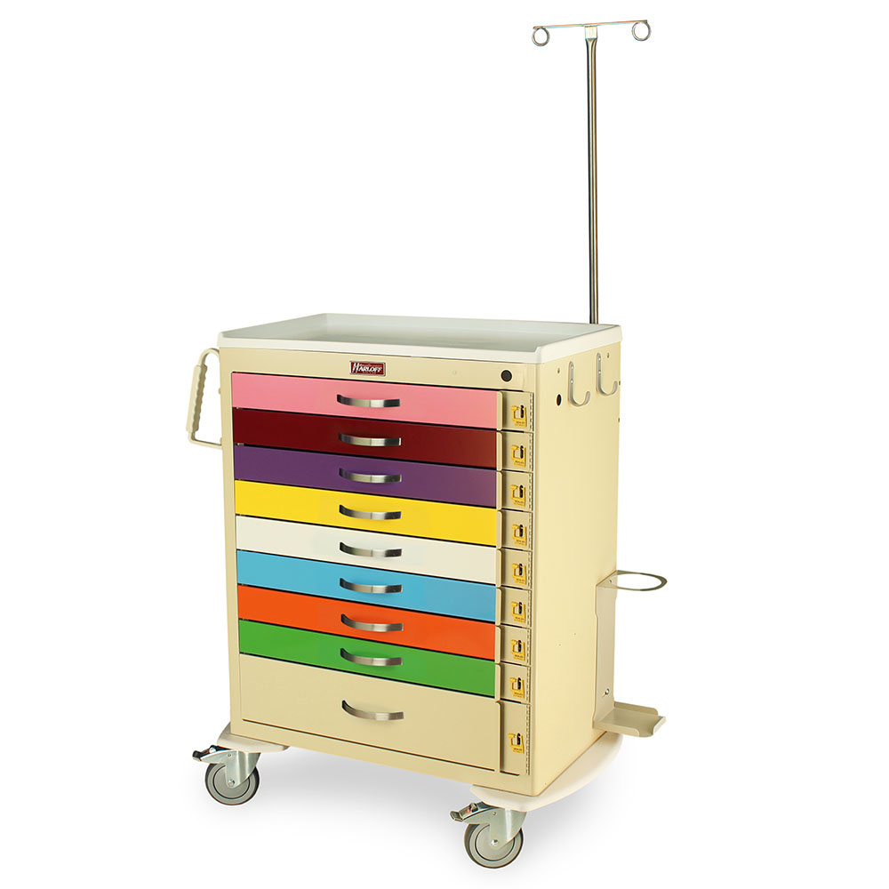 M-Series pediatric crash cart with IV pole, oxygen holder, and cardiac board