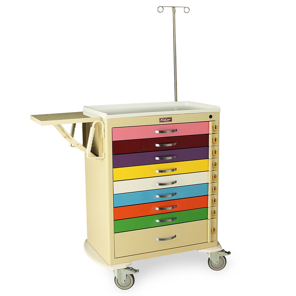M-Series pediatric emergency cart with Broselow color coded drawers and accessories