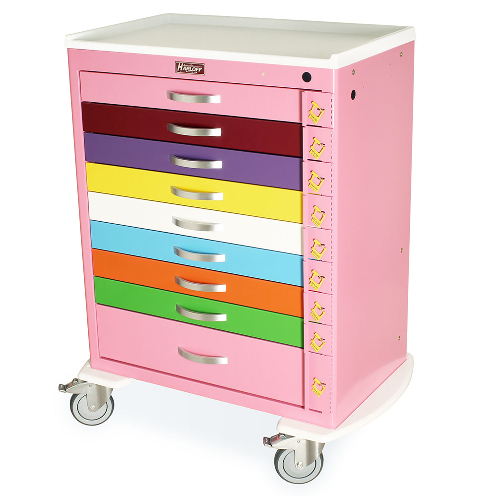 M-Series Pediatric Crash Cart pink finish with color-coded drawers
